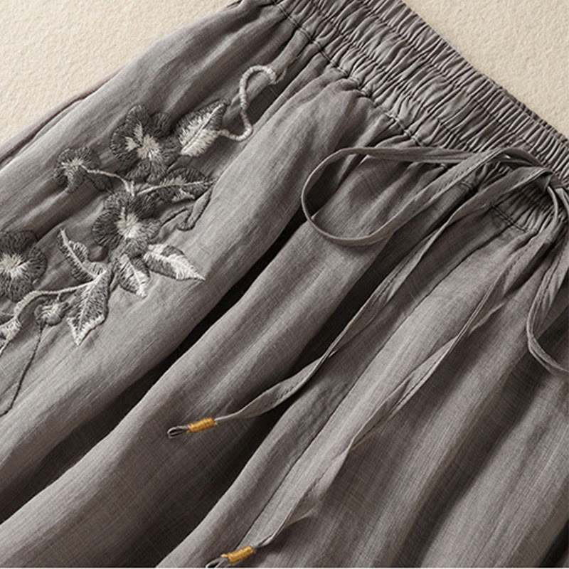 Buddha Stones Commute Embroidery Drawstring Women's Cotton Wide Leg Pants With Pockets - image 46
