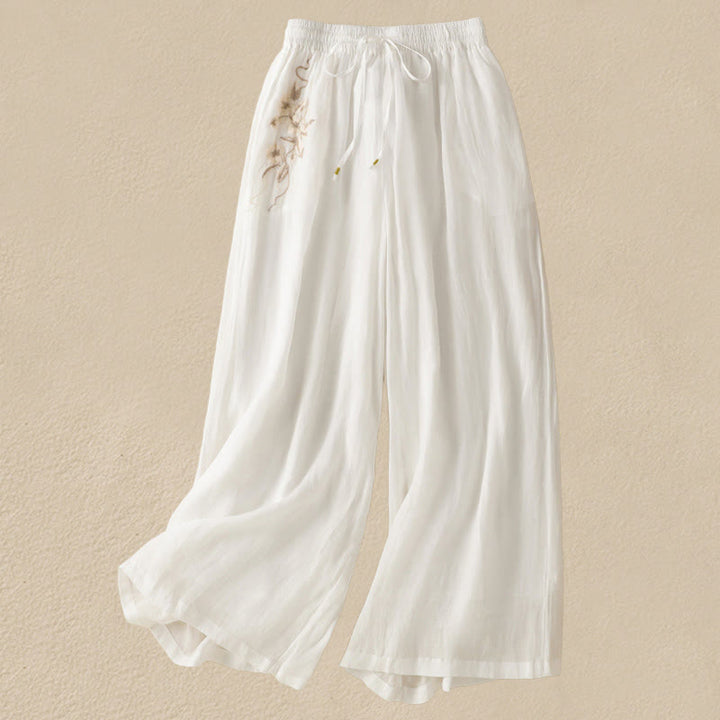 Buddha Stones Commute Embroidery Drawstring Women's Cotton Wide Leg Pants With Pockets - White - US8-10，UK/AU12-14，EU40-42 (2XL) - image 25