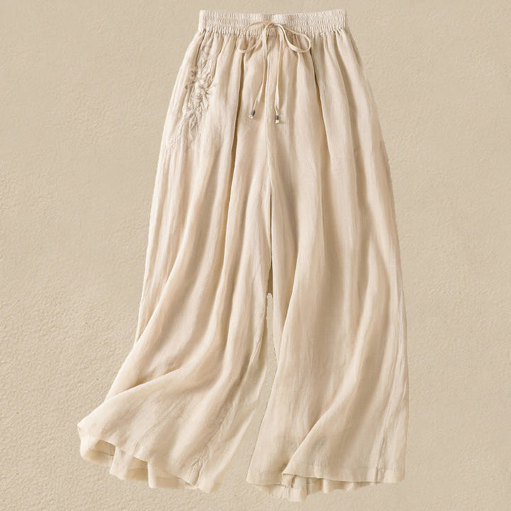Buddha Stones Commute Embroidery Drawstring Women's Cotton Wide Leg Pants With Pockets - Beige - US8-10，UK/AU12-14，EU40-42 (2XL) - image 7