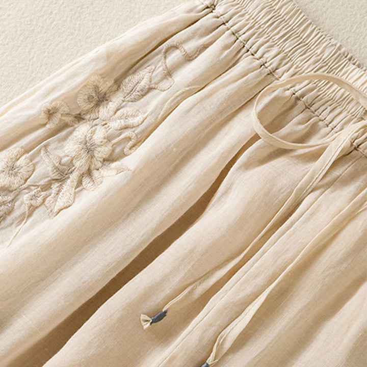 Buddha Stones Commute Embroidery Drawstring Women's Cotton Wide Leg Pants With Pockets - image 12