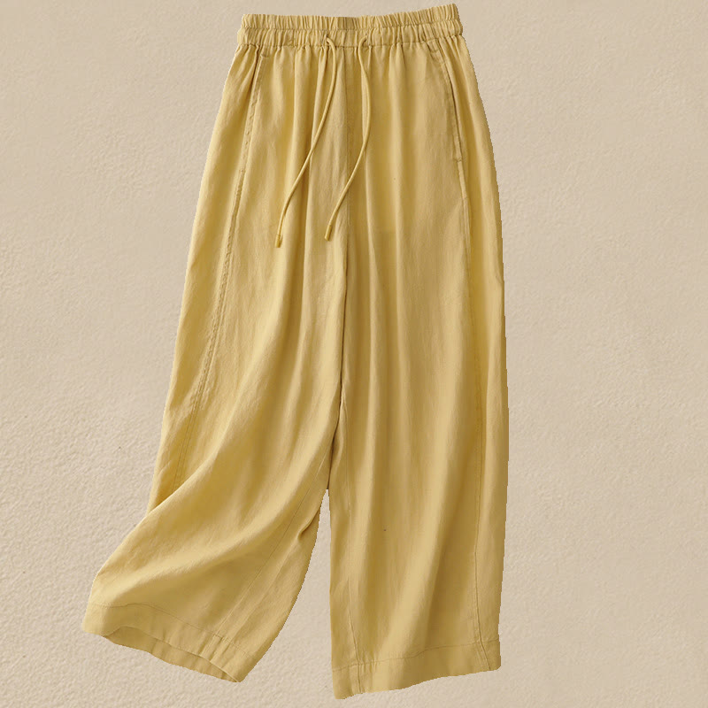 Buddha Stones Vintage Pure Color Drawstring Women's Cotton Linen Ankle-Length Pants With Pockets - Gold - US8-10，UK/AU12-14，EU40-42 (2XL) - image 0