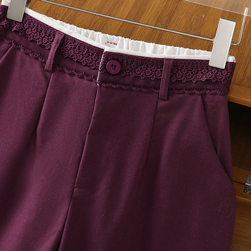 Buddha Stones Casual Hollow Lace Waistband Design Women's Cotton Linen Wide Leg Pants With Pockets - image 21