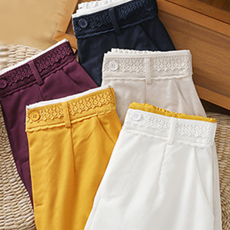 Buddha Stones Casual Hollow Lace Waistband Design Women's Cotton Linen Wide Leg Pants With Pockets - image 39