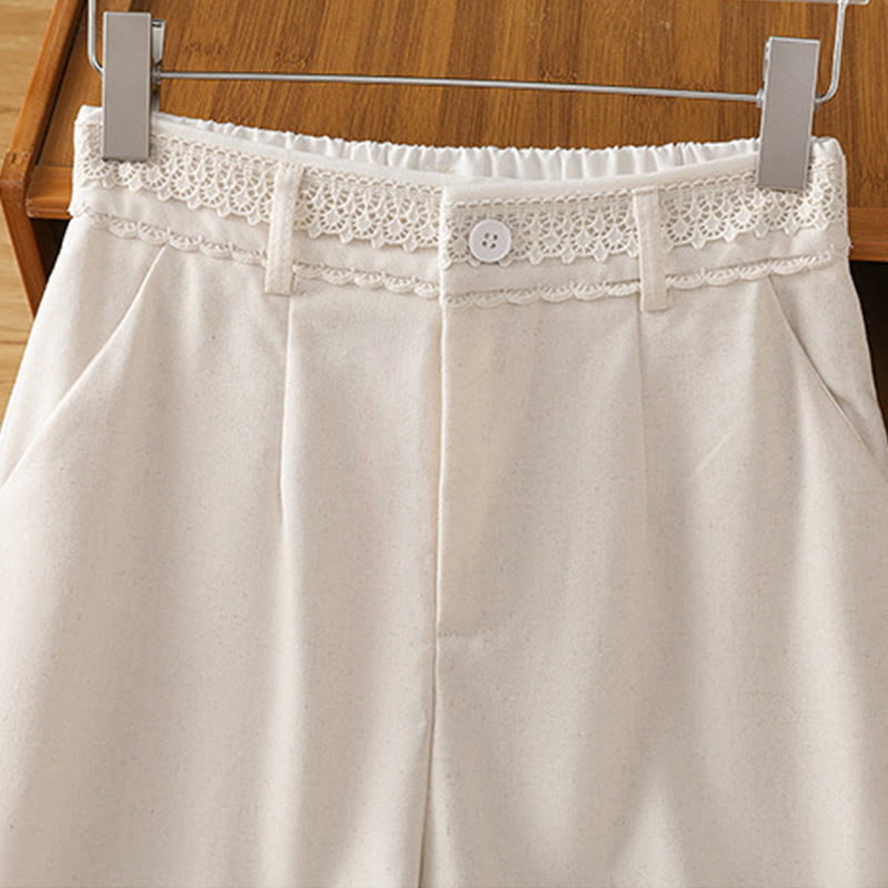 Buddha Stones Casual Hollow Lace Waistband Design Women's Cotton Linen Wide Leg Pants With Pockets - image 9