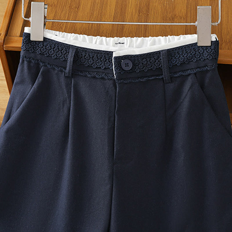 Buddha Stones Casual Hollow Lace Waistband Design Women's Cotton Linen Wide Leg Pants With Pockets - image 1