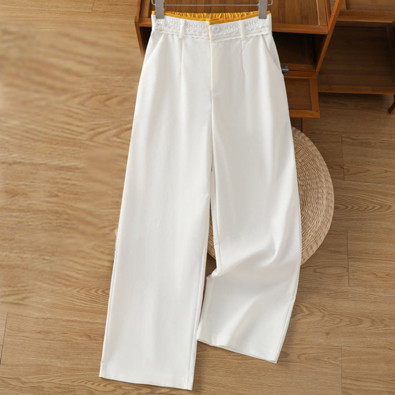 Buddha Stones Casual Hollow Lace Waistband Design Women's Cotton Linen Wide Leg Pants With Pockets - White - US12，UK/AU16，EU44 (3XL) - image 26