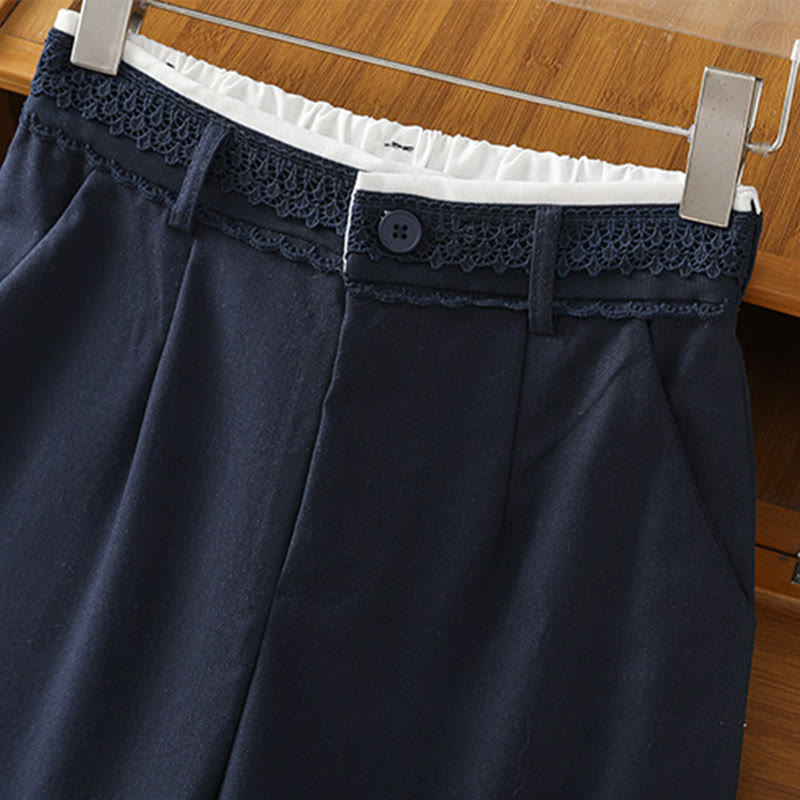 Buddha Stones Casual Hollow Lace Waistband Design Women's Cotton Linen Wide Leg Pants With Pockets - image 2