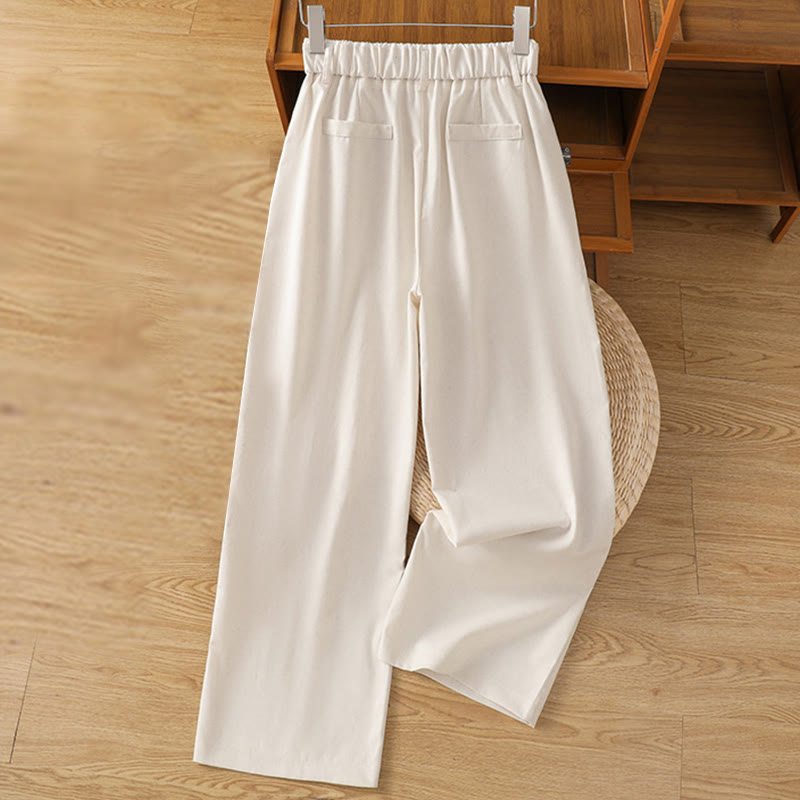 Buddha Stones Casual Hollow Lace Waistband Design Women's Cotton Linen Wide Leg Pants With Pockets - image 7