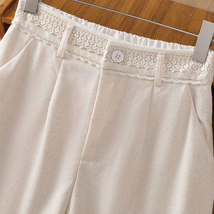 Buddha Stones Casual Hollow Lace Waistband Design Women's Cotton Linen Wide Leg Pants With Pockets - image 8