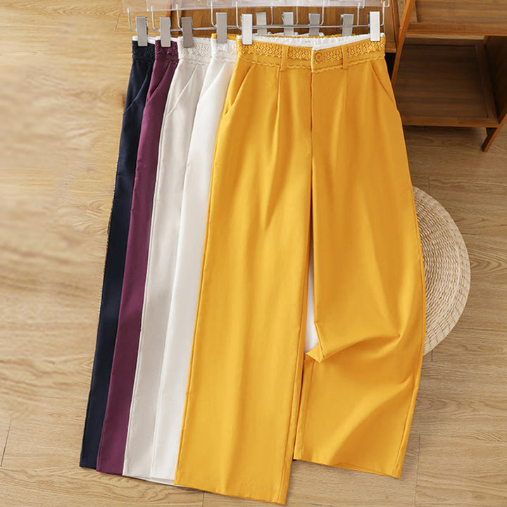 Buddha Stones Casual Hollow Lace Waistband Design Women's Cotton Linen Wide Leg Pants With Pockets - image 38