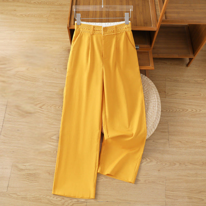 Buddha Stones Casual Hollow Lace Waistband Design Women's Cotton Linen Wide Leg Pants With Pockets - Gold - US12，UK/AU16，EU44 (3XL) - image 13