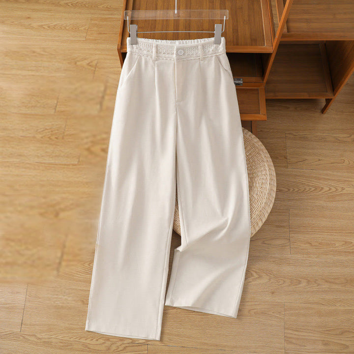 Buddha Stones Casual Hollow Lace Waistband Design Women's Cotton Linen Wide Leg Pants With Pockets - FloralWhite - US12，UK/AU16，EU44 (3XL) - image 6