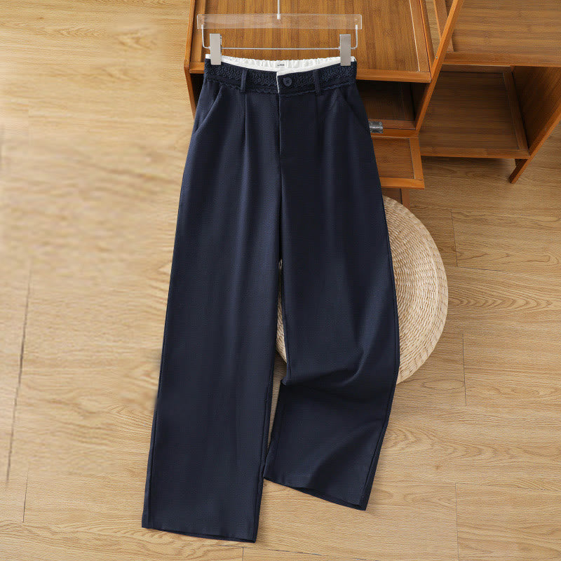 Buddha Stones Casual Hollow Lace Waistband Design Women's Cotton Linen Wide Leg Pants With Pockets - MidnightBlue - US12，UK/AU16，EU44 (3XL) - image 0