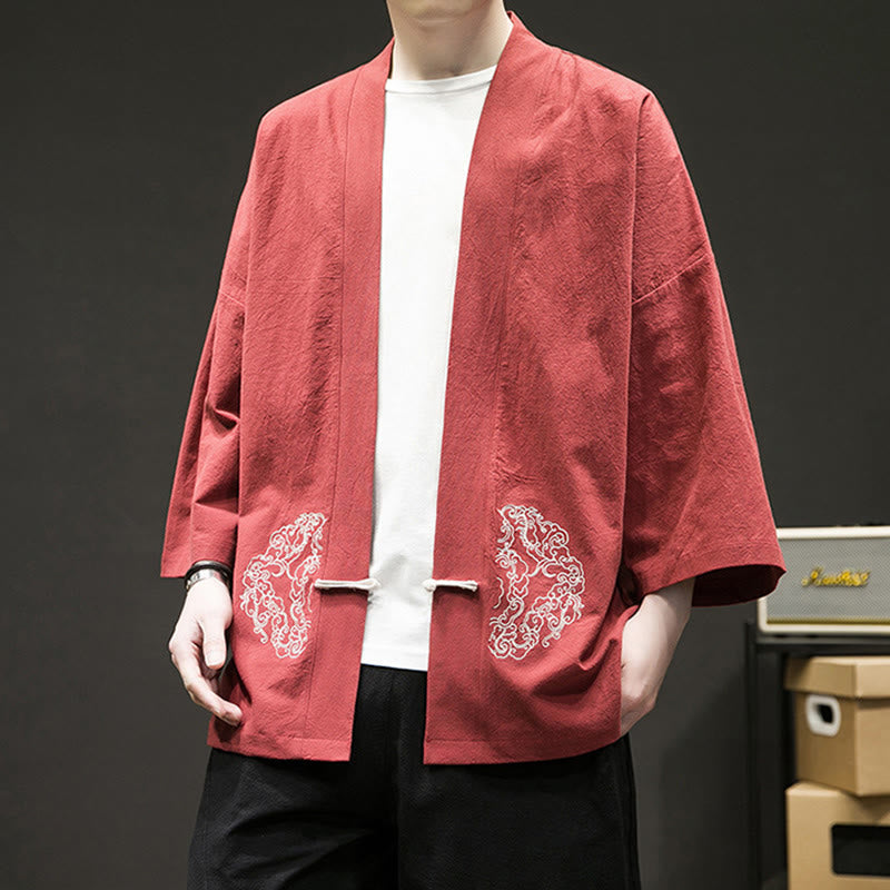 Buddha Stones Chinese Frog-Button Design Open Front Jacket Men's Cotton Linen Long Sleeve Kimono - image 14