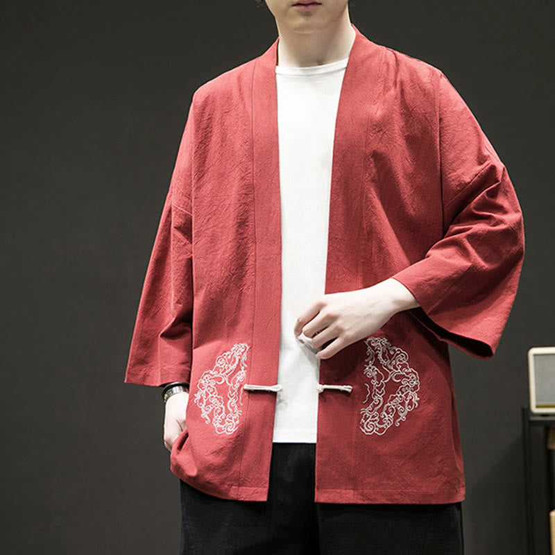 Buddha Stones Chinese Frog-Button Design Open Front Jacket Men's Cotton Linen Long Sleeve Kimono - image 15