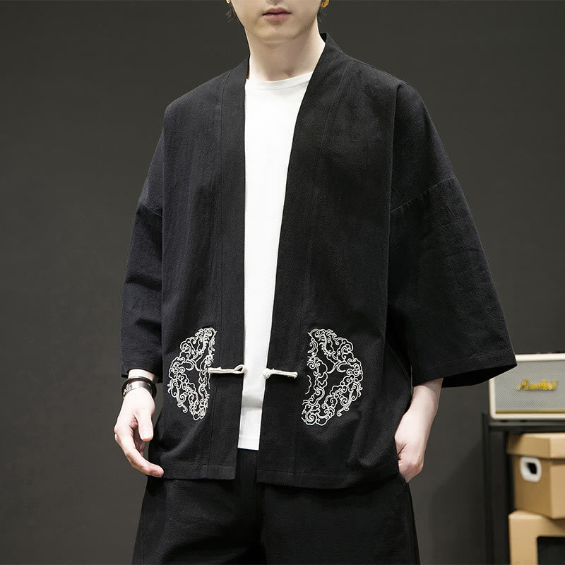 Buddha Stones Chinese Frog-Button Design Open Front Jacket Men's Cotton Linen Long Sleeve Kimono - Black - US/UK/AU46，EU56 (5XL) - image 0