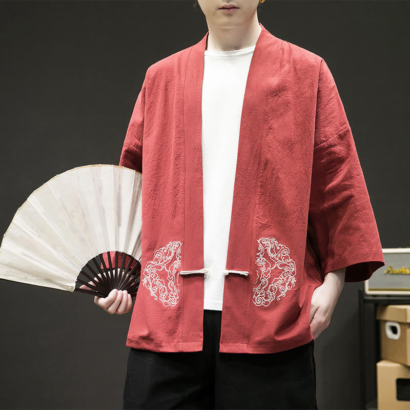Buddha Stones Chinese Frog-Button Design Open Front Jacket Men's Cotton Linen Long Sleeve Kimono - OrangeRed - US/UK/AU46，EU56 (5XL) - image 13