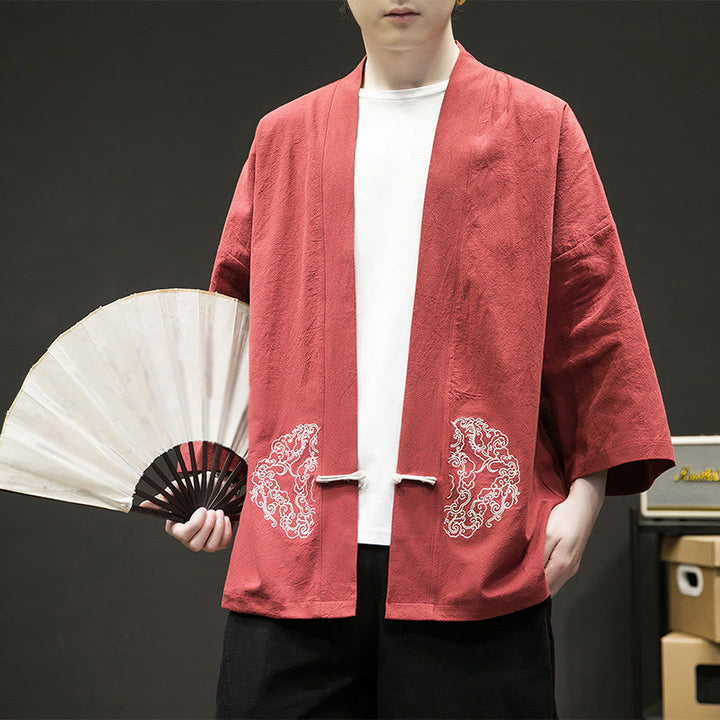 Buddha Stones Chinese Frog-Button Design Open Front Jacket Men's Cotton Linen Long Sleeve Kimono - OrangeRed - US/UK/AU46，EU56 (5XL) - image 13