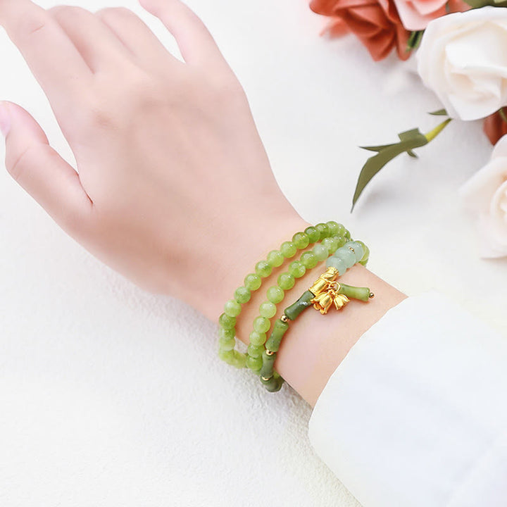 Buddha Stones Retro Multilayer Lily of the Valley Bamboo Green Chalcedony Strength Bracelet - image 8