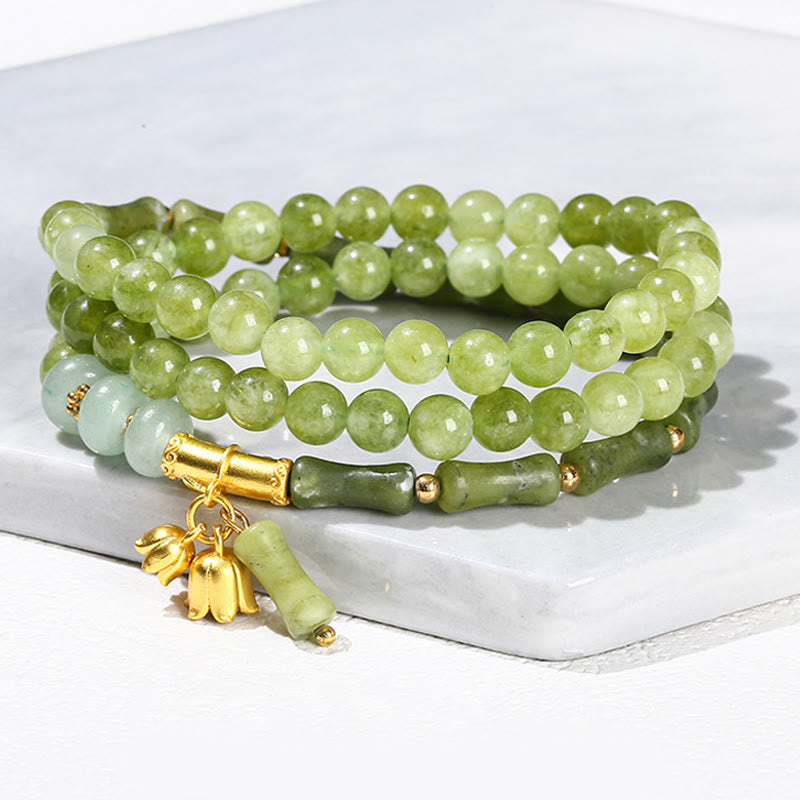 Buddha Stones Retro Multilayer Lily of the Valley Bamboo Green Chalcedony Strength Bracelet - image 6