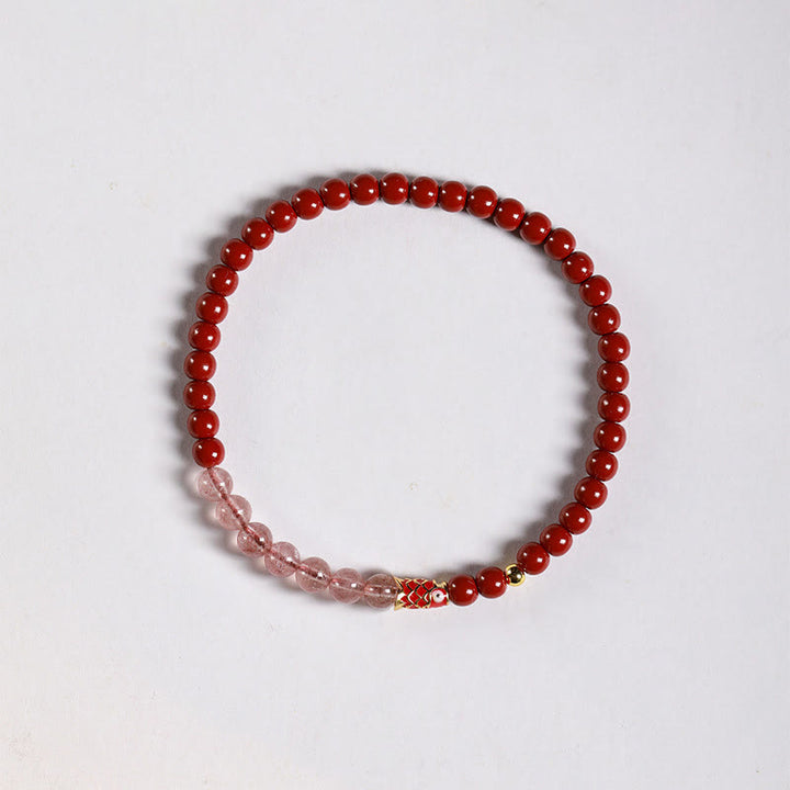Buddha Stones Natural Cinnabar Pink Crystal Strawberry Quartz Lucky Koi Fish Blessing Bracelet - Cinnabar-4mm & Strawberry Quartz & Small Koi - image 10