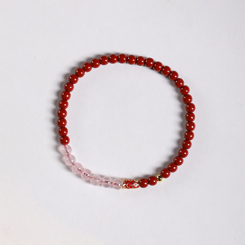 Buddha Stones Natural Cinnabar Pink Crystal Strawberry Quartz Lucky Koi Fish Blessing Bracelet - Cinnabar-4mm & Pink Crystal & Small Koi - image 11