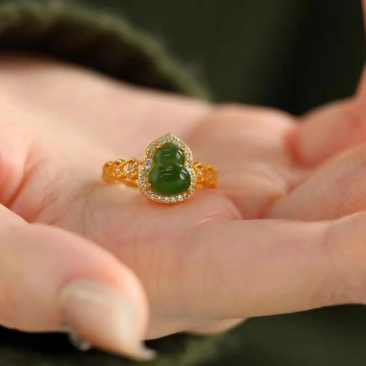 Buddha Stones Vintage Gourd Green Chalcedony Copper Plated Gold Adjustable Wealth Ring - image 12