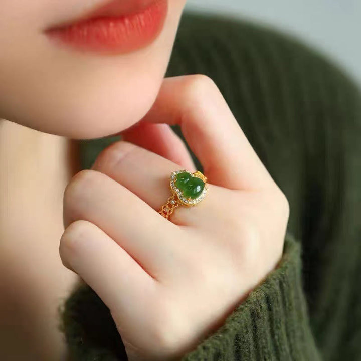 Buddha Stones Vintage Gourd Green Chalcedony Copper Plated Gold Adjustable Wealth Ring - image 15