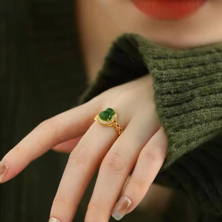 Buddha Stones Vintage Gourd Green Chalcedony Copper Plated Gold Adjustable Wealth Ring - image 14