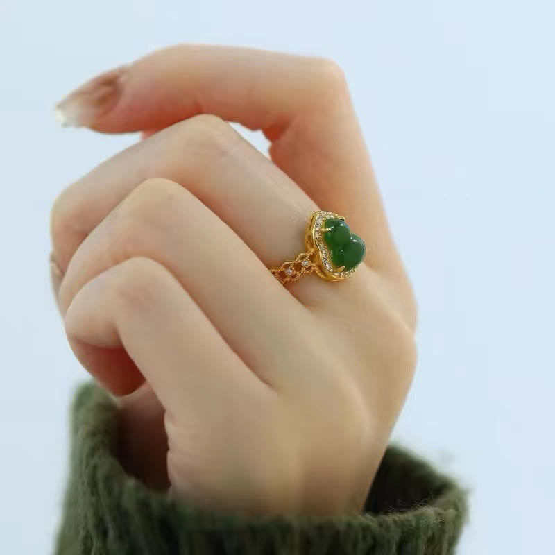 Buddha Stones Vintage Gourd Green Chalcedony Copper Plated Gold Adjustable Wealth Ring - image 13