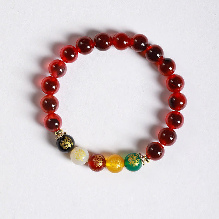 Buddha Stones Natural Colorful Candy Agate Five Gods Of Wealth Harmony Bracelet - Red Candy Agate(Wrist Circumference: 14-15cm) - image 1