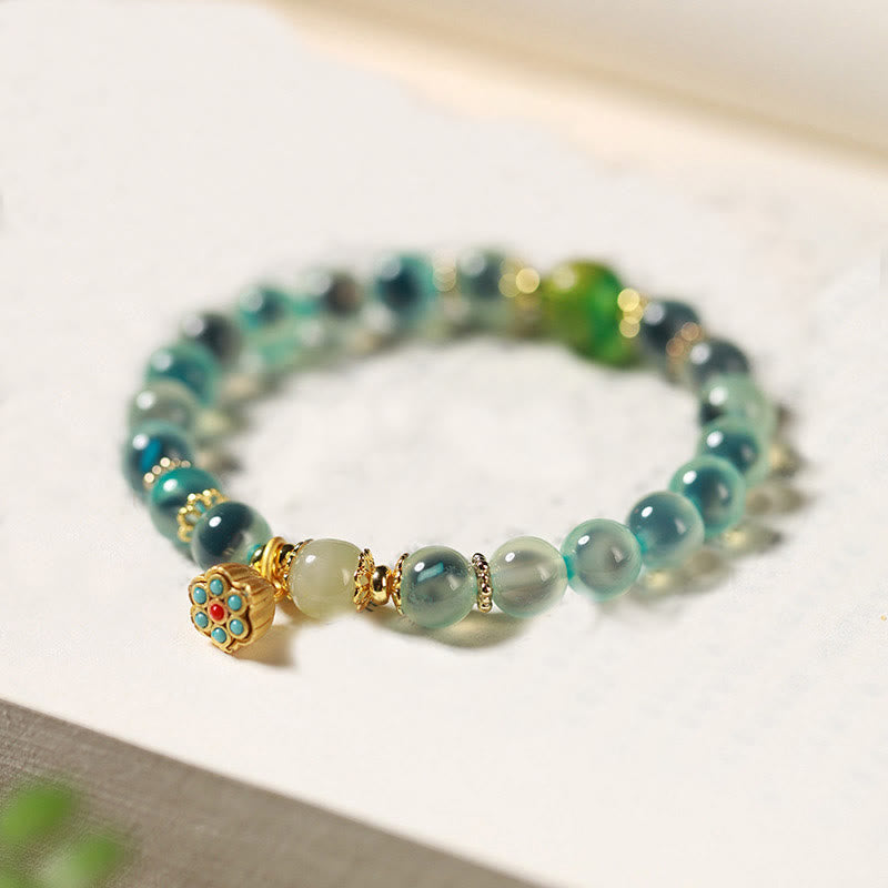 Buddha Stones Natural Colorful Candy Agate Golden Lotus Pod Healing Bracelet - Blue Candy Agate(Wrist Circumference: 14-15cm) - image 0