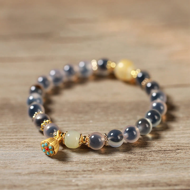 Buddha Stones Natural Colorful Candy Agate Golden Lotus Pod Healing Bracelet - image 12