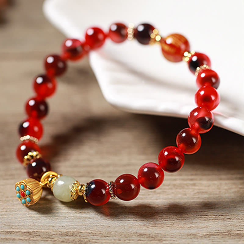 Buddha Stones Natural Colorful Candy Agate Golden Lotus Pod Healing Bracelet - image 17