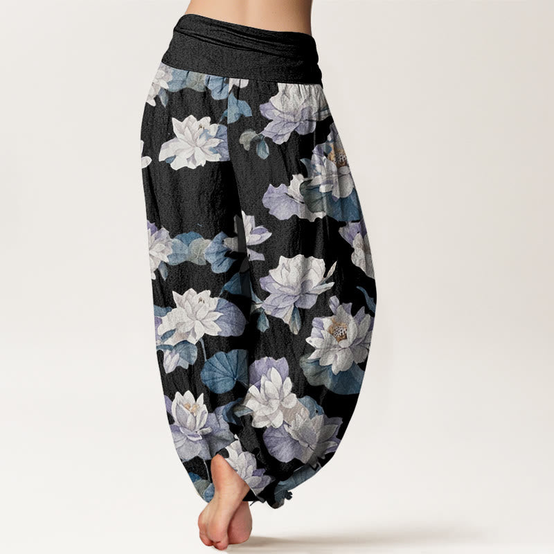 Buddha Stones Casual Elegant Lotus Print Design Women's Elastic Waist Harem Pants - image 9