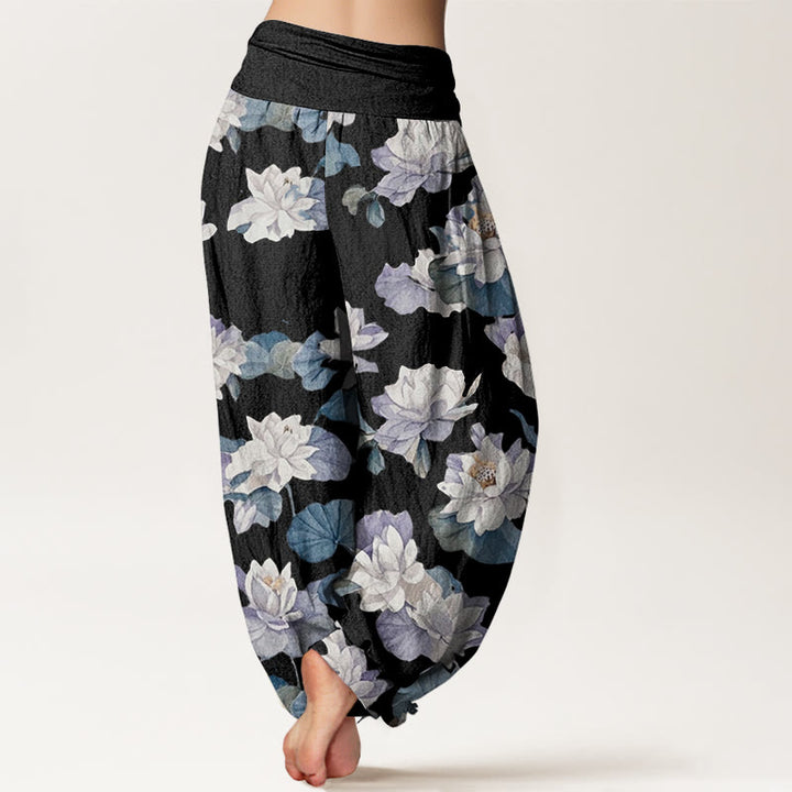Buddha Stones Casual Elegant Lotus Print Design Women's Elastic Waist Harem Pants - image 9