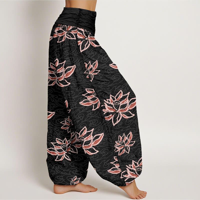 Buddha Stones Cotton Casual Lotus Line Pattern Women's Elastic Waist Harem Pants - image 1