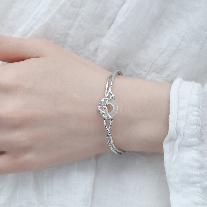 Buddha Stones 925 Sterling Silver Peace Buckle White Agate Protection Bracelet Bangle - image 2