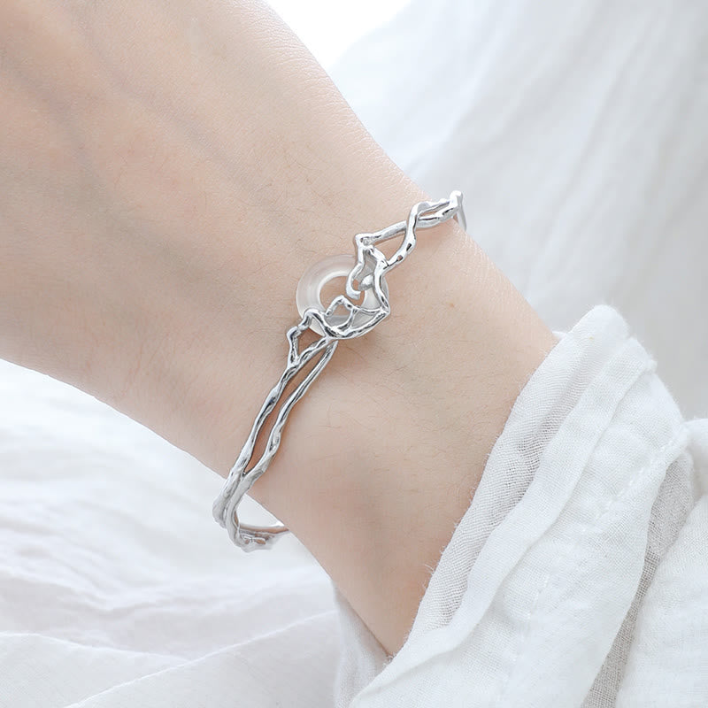 Buddha Stones 925 Sterling Silver Peace Buckle White Agate Protection Bracelet Bangle - image 1