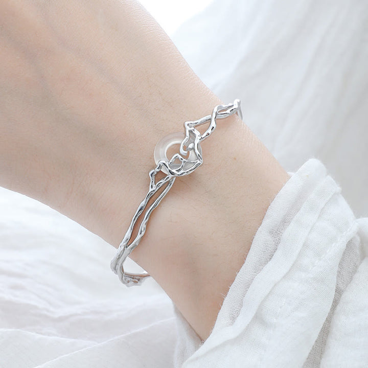 Buddha Stones 925 Sterling Silver Peace Buckle White Agate Protection Bracelet Bangle - image 1