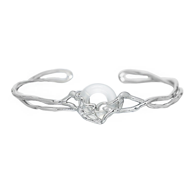 Buddha Stones 925 Sterling Silver Peace Buckle White Agate Protection Bracelet Bangle - image 4