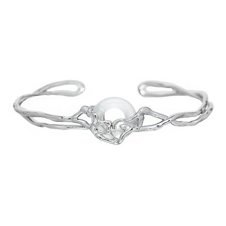 Buddha Stones 925 Sterling Silver Peace Buckle White Agate Protection Bracelet Bangle - image 4