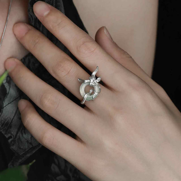Buddha Stones 925 Sterling Silver Iris Design Peace Buckle Quartzite Jade Balance Ring - image 8