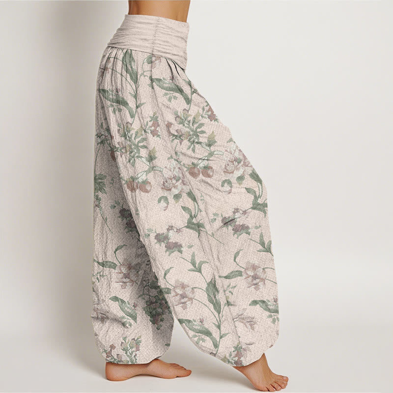 Buddha Stones Pure Cotton Casual Pink Flowers Pattern Women's Elastic Waist Harem Pants - image 2
