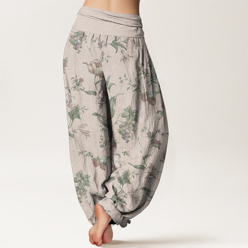 Buddha Stones Pure Cotton Casual Pink Flowers Pattern Women's Elastic Waist Harem Pants - image 1