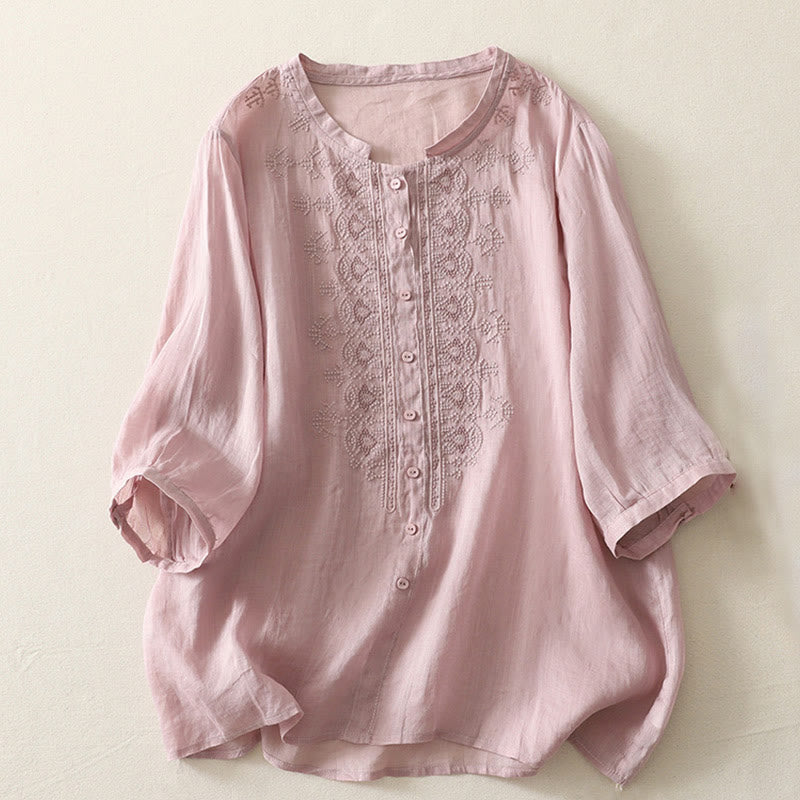 Buddha Stones Symmetrical Embroidery Cotton Linen Women's Half Sleeves Shirt - Pink - US8-10，UK/AU12-14，EU40-42 (2XL) - image 6