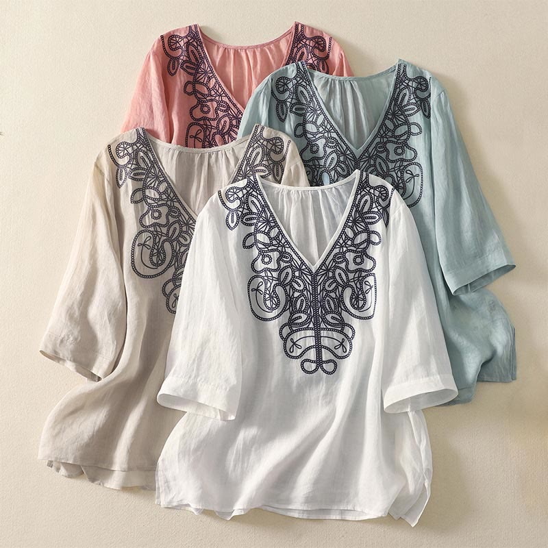 Buddha Stones Embroidered V-neck Casual Women's Cotton Linen Half Sleeve T-shirt - image 28