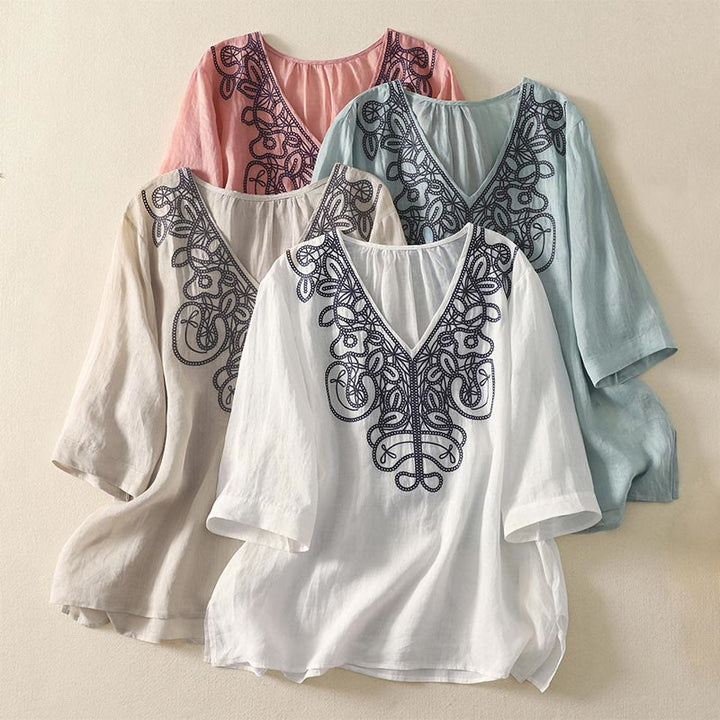 Buddha Stones Embroidered V-neck Casual Women's Cotton Linen Half Sleeve T-shirt - image 28