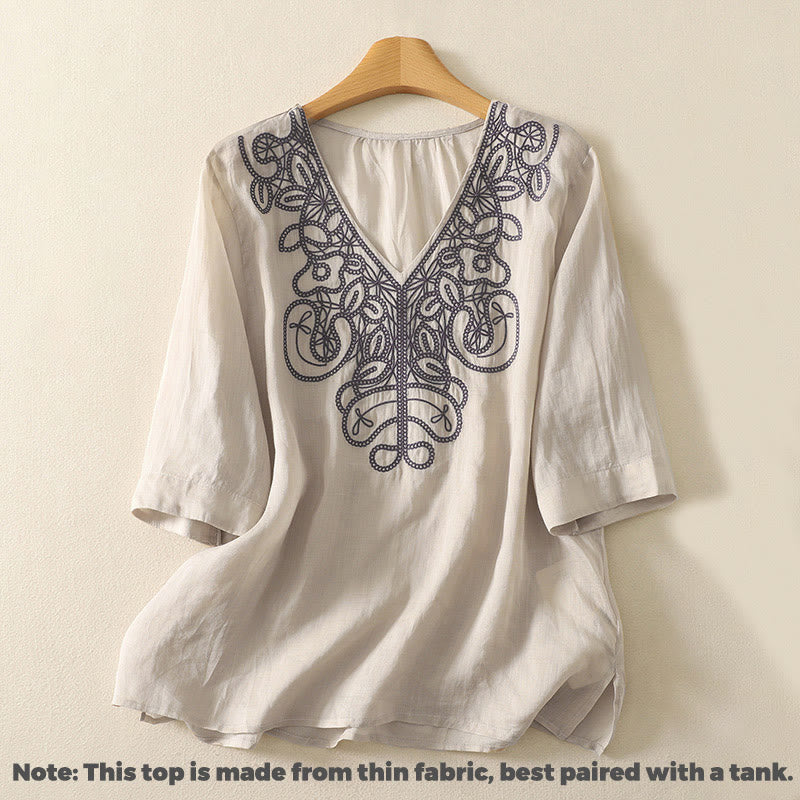 Buddha Stones Embroidered V-neck Casual Women's Cotton Linen Half Sleeve T-shirt - image 1