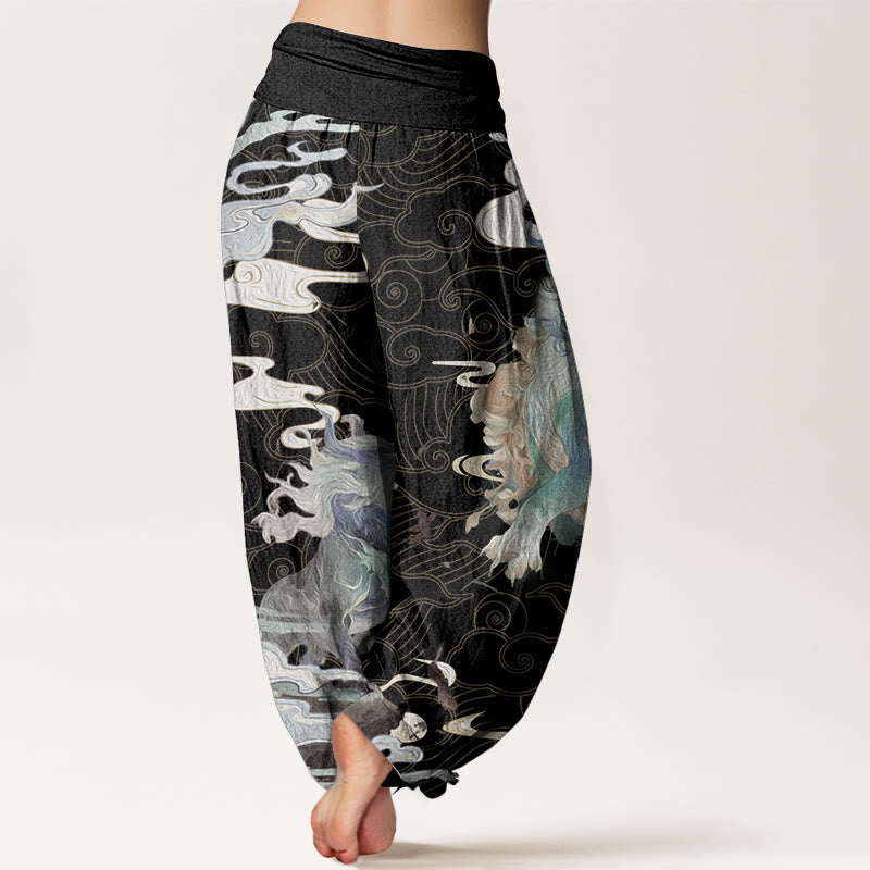 Buddha Stones Pure Cotton PiXiu Auspicious Clouds Pattern Women's Elastic Waist Harem Pants - image 1